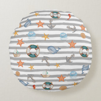 Coussins Ronds Bandes nautiques mignonnes baleines motifs marine