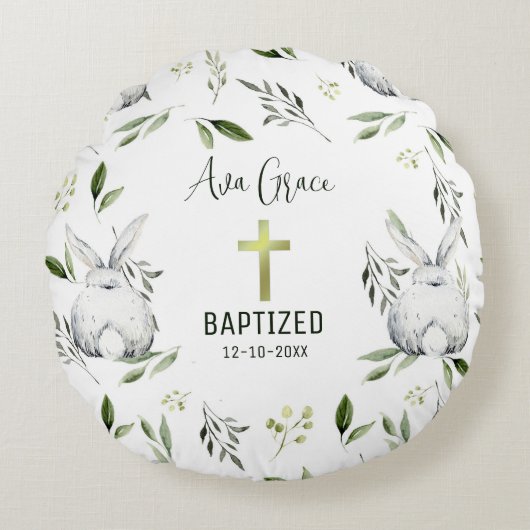 Coussins Ronds Baptême avec croix, lapin (Devant)