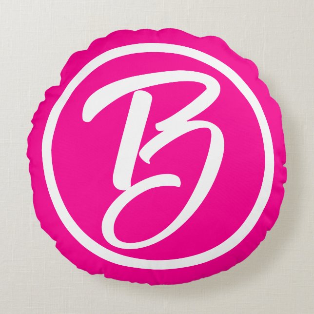 Coussins Ronds Barbiecore rose chaud Calligraphie blanche Monogra (Devant)