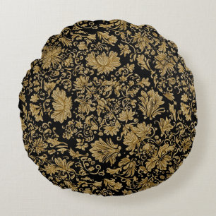 Coussins Ronds Baroque Floral Doré Tout sur Fond Noir
