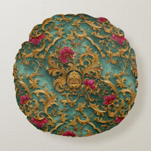Coussins Ronds Baroque Floral Émeraude avec Ornements Dorés