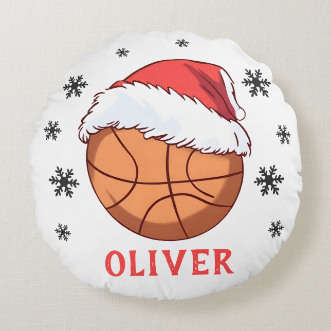 Coussins Ronds Basket Ball Santa Hat Snowflon Nom (Devant)