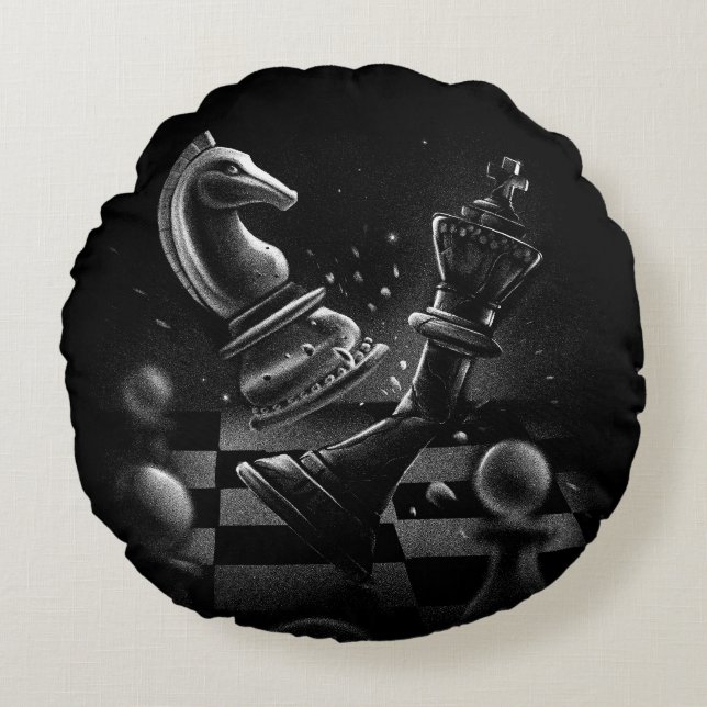 Coussins Ronds Bataille aux échecs dramatique - Chevalier contre  (Devant)