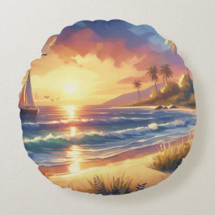 Coussins Ronds Bateau à voile Tropical Beach Sunset Art