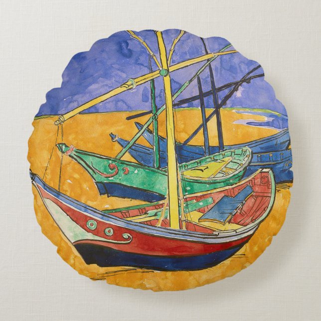 Coussins Ronds Bateaux de Van Gogh Impressionnisme Plage (Devant)