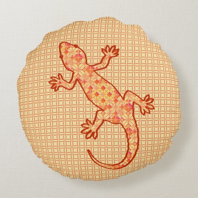 Coussins Ronds Batik tribal Gecko - corail et orange clair (Dos)