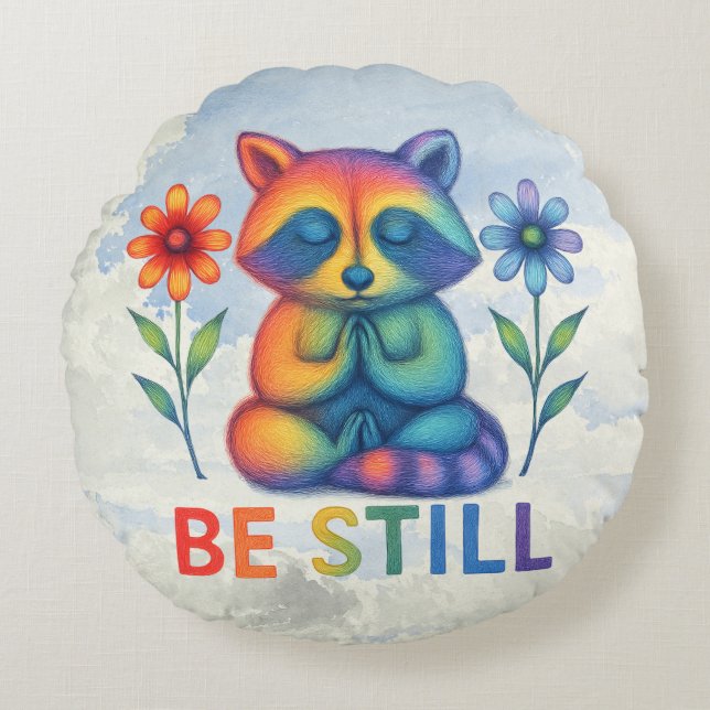 Coussins Ronds Be Still – Meditation & Prayer Rainbow Raccoon (Devant)
