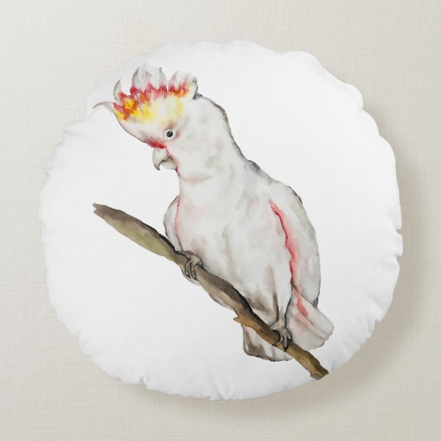 Coussins Ronds Beau aquarelle Cacatua perroquet dessin à la main (Devant)