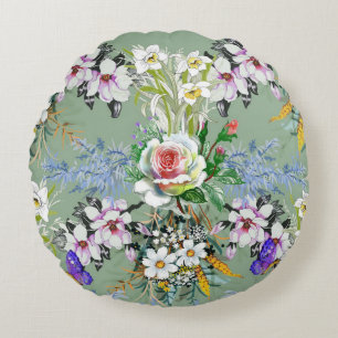 Coussins Ronds Beau motif floral Rose Fleur sauvage vert
