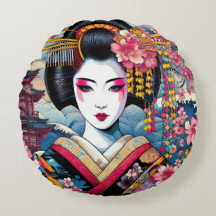 Coussins Ronds Beauté orientale Geisha Maiko sakura fleurs vagues