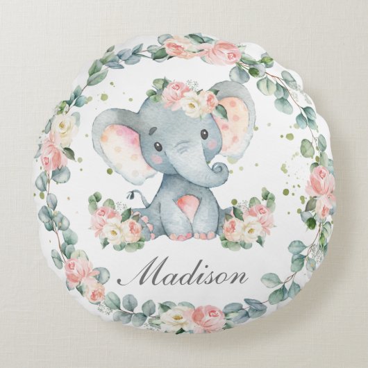 Coussins Ronds Bébé mignon Eléphant rose Floral verdure Nursery (Devant)