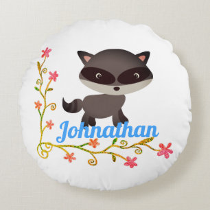 Coussins Ronds Bébé mignon Raccoon avec fleurs