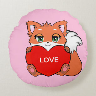 Coussins Ronds Bébé renard mignon avec cœur sur rose