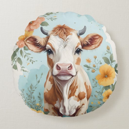 Coussins Ronds Bébés mignons animaux | Vache adorable Fleur de ve (Devant)