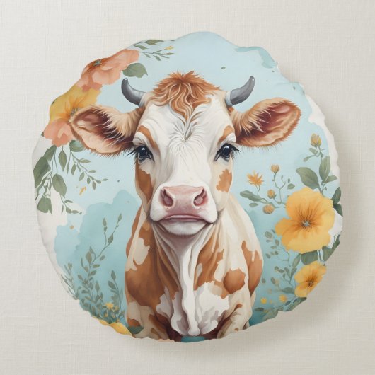 Coussins Ronds Bébés mignons animaux | Vache adorable Fleur de ve (Dos)