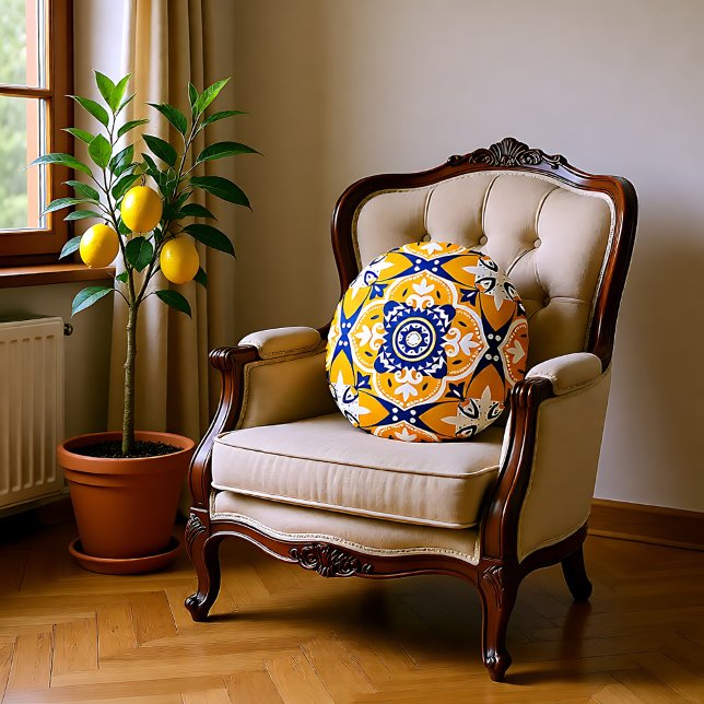 Coussins Ronds 💛 💙 🤍 Belle Azulejos bleu et jaune (Beautiful blue and yellow Azulejos Round Pillow)