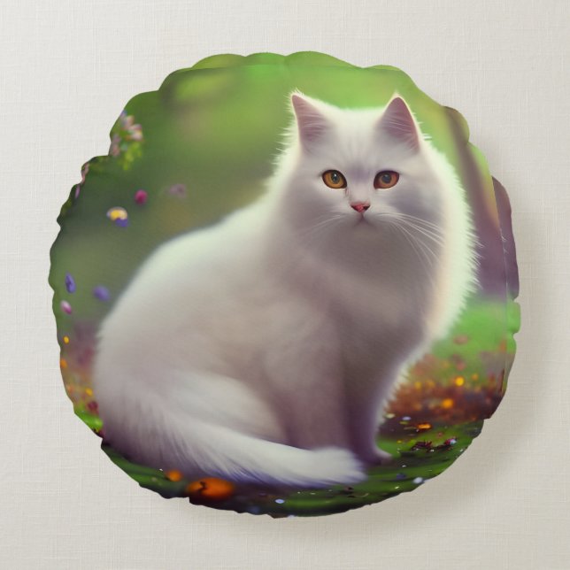 Coussins Ronds Belle Chat Blanc Fluffy (Devant)