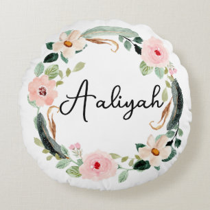 Coussins Ronds Belle couronne fleurie Nom Monogramme