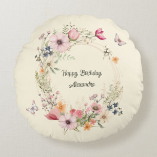 Coussins Ronds Belle couronne florale et papillons Anniversaire