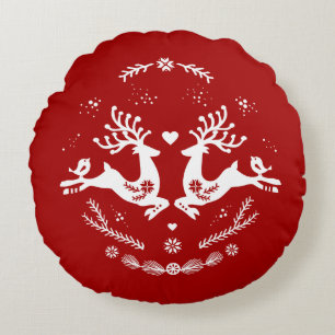 Coussins Ronds Belle Fête Scandi Rouge Blanc Noël Cerf