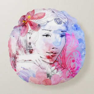 Coussins Ronds Belle fille avec un bouquet des fleurs
