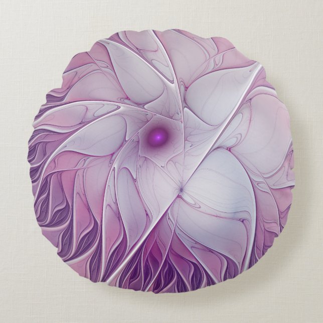 Coussins Ronds Belle Fleur rose moderne Fractal Art Abstrait (Devant)