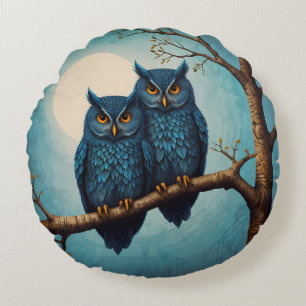 Coussins Ronds Belle paire bleue de chouettes assise sur une bran