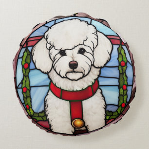 Coussins Ronds Bichon Frisé Vitrail Noël