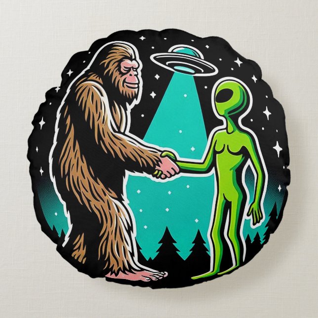 Coussins Ronds Bigfoot rencontre un Alien (Devant)