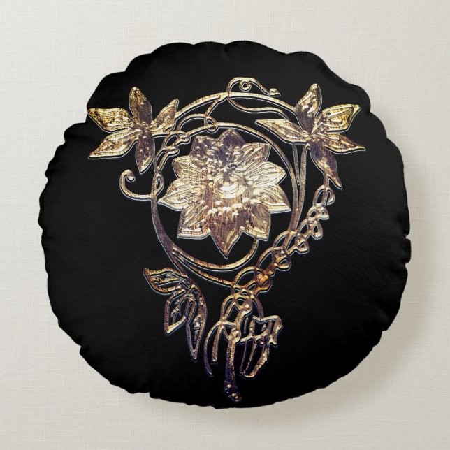 Coussins Ronds Bijou fleuri Art nouveau or victorien et noir (Devant)