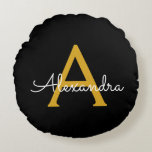 Coussins Ronds Black Gold Modern Script Girl Monogramme Nom<br><div class="desc">Noir et or Simple Script Monogramme Nom Pouf Coussin. La coussin fait le cadeau parfait pour 16 ans,  mariage,  douche nuptiale,  baby shower ou bachelorette pour quelqu'un décorant sa chambre en or rose.</div>
