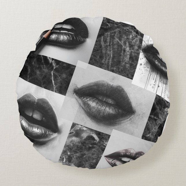 Coussins Ronds Black & White Lips Collage Round Throw Pillow (Devant)