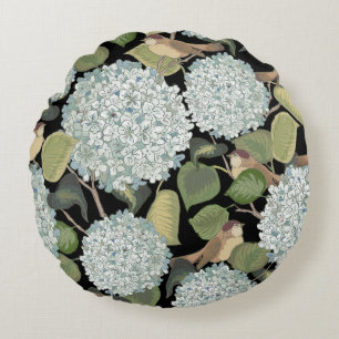 Coussins Ronds Blanc, bleu clair Hortensia avec feuilles verts et