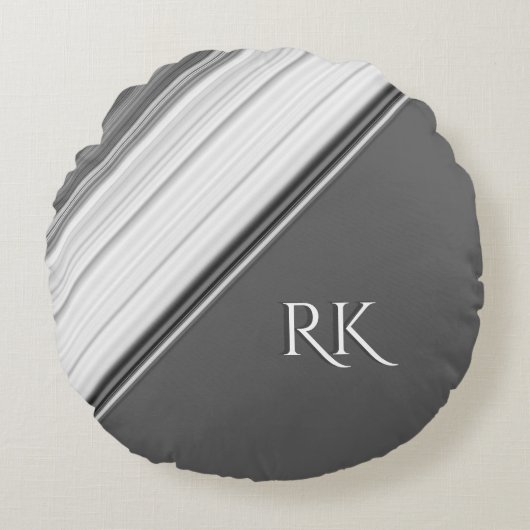 Coussins Ronds Blanc Moderne sur Monogramme Gris (Devant)