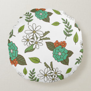 Coussins Ronds Blanc Rétro et Floral Vert
