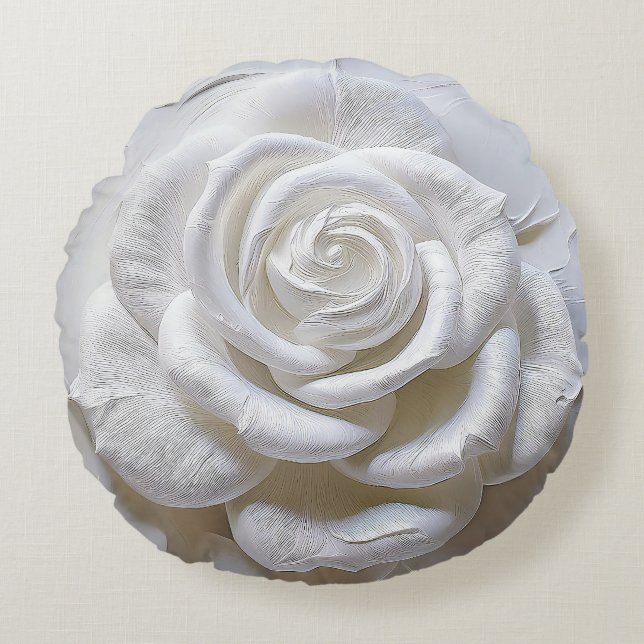 Coussins Ronds Blanc sur Blanc - Rose Sculptée (Devant)