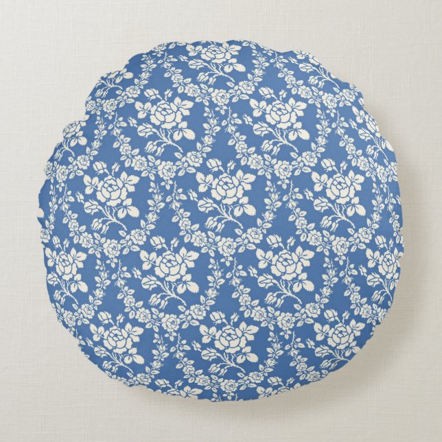 Coussins Ronds Bleu Blanc Floral Motif Botanique Chic (Devant)