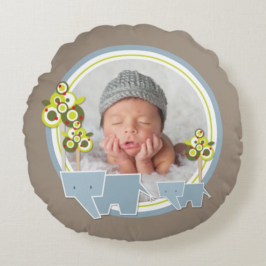 Coussins Ronds Bleu bleu Eléphants Forêt Bébé garçon Photo (Devant)