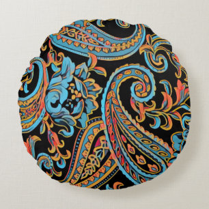 Coussins Ronds Bleu ciel et orange d'automne Paisley vintage