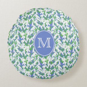 Coussins Ronds Bleu de neige blanc Monogramme sur Bleu de poudre