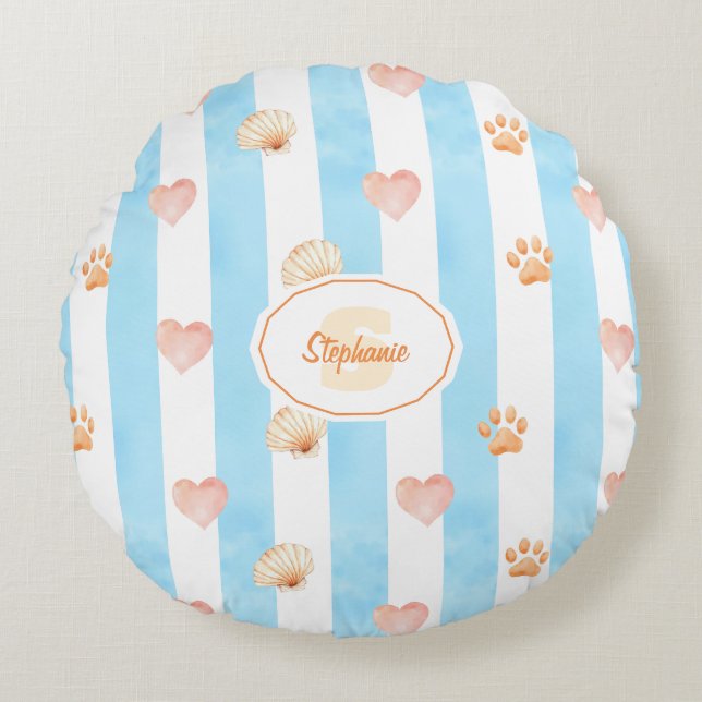 Coussins Ronds Bleu et blanc - Coeurs, Empreinte de patte, Coque (Devant)