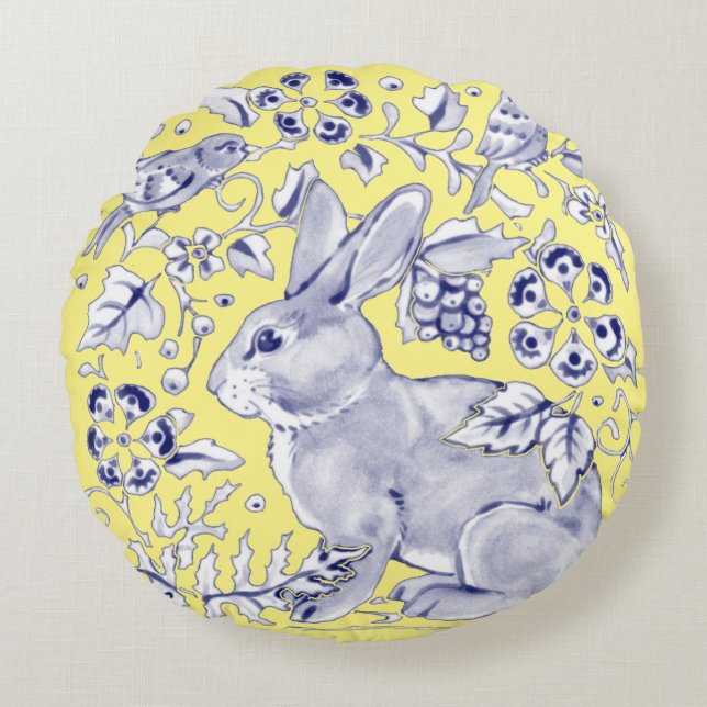 Coussins Ronds Bleu Jaune Lapin Oiseau Forêt Floral Été (Devant)