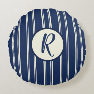 Coussins Ronds Bleu marine chaud ivoire rayures classiques élégan