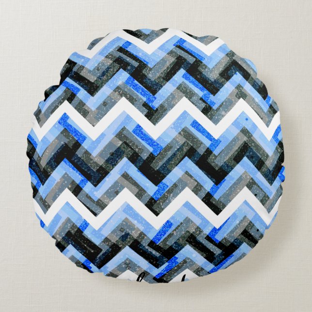 Coussins Ronds Bleu Noir Blanc Chevron Texturé (Devant)