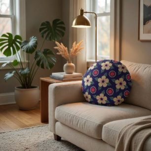 Coussins Ronds Bleu Nuit avec Fleurs Crème