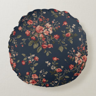 Coussins Ronds Bleu Nuit Foncé Rouge Sauge Floral Cottage