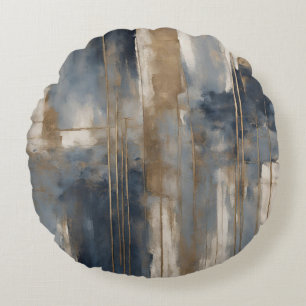 Coussins Ronds Bleu Nuit Or Beige Aquarelle Abstraite