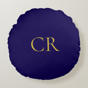 Coussins Ronds Bleu & Or Monogramme Minimaliste Moderne 
