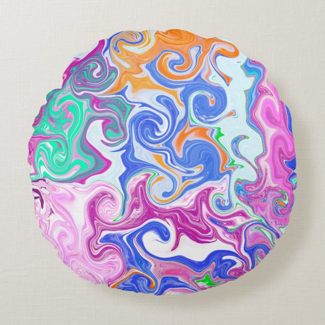 Coussins Ronds Bleu, Orange, Violet Fluide Art (Devant)