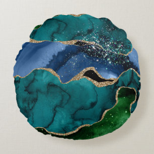 Coussins Ronds Bleu, Vert, marbré, parties scintillant faux or, t